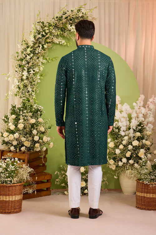 Signature bottle green mirror work Kurta with Intricate red Threadwork