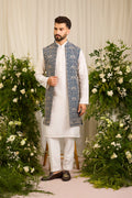 A Regal Blue long open jacket Woven with Ornate Zari Details
