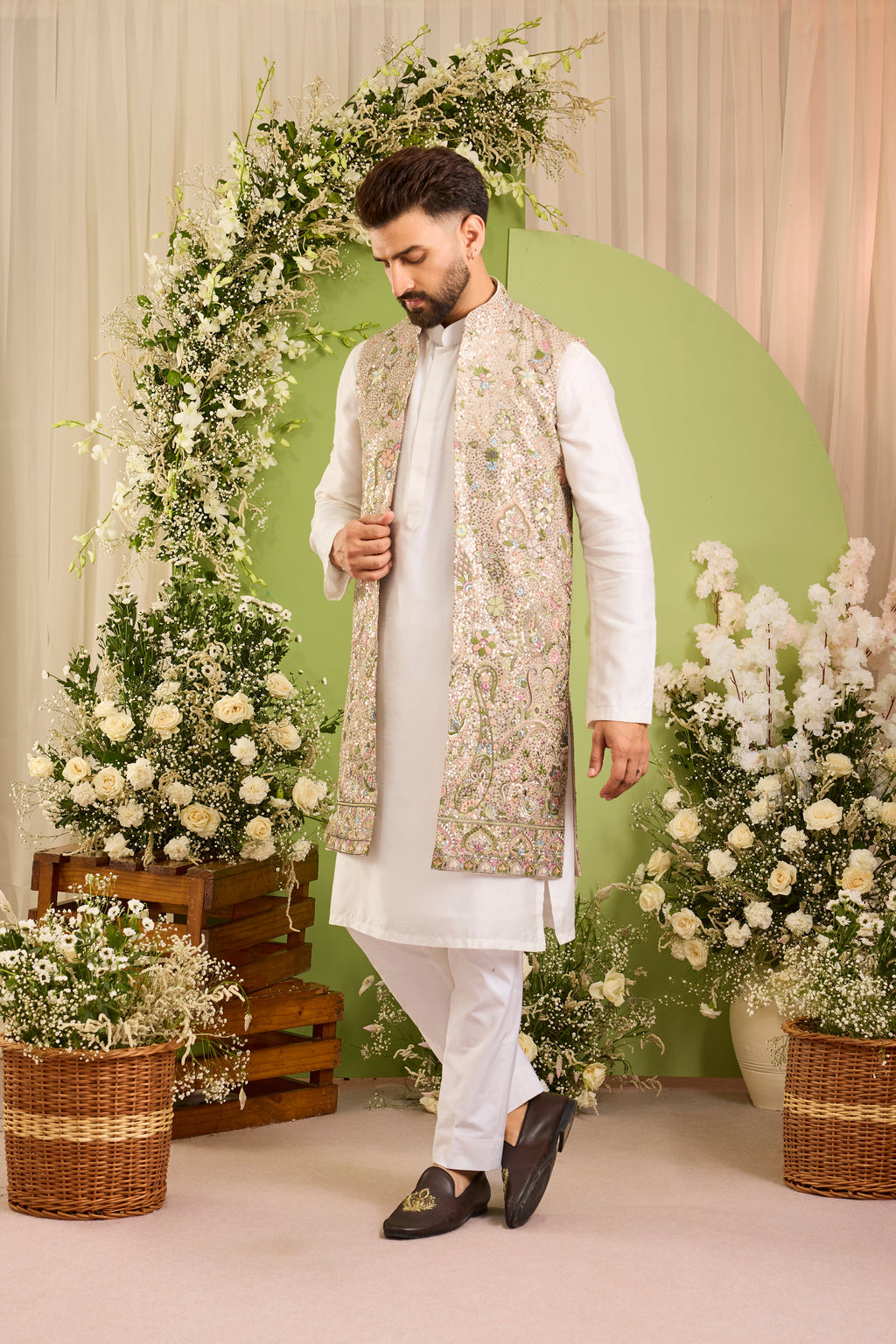 A Mouse Grey Sequined long open  Jacket with Floral Embroidery