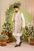 A Mouse Grey Sequined long open  Jacket with Floral Embroidery