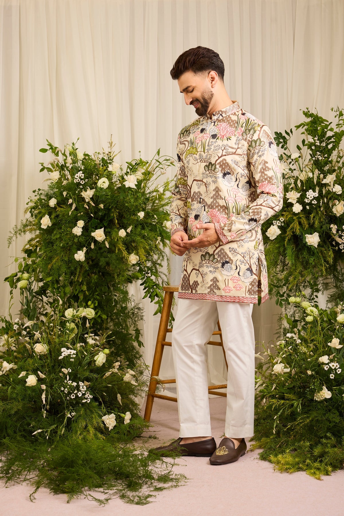 The Tropique -A Cream Kurta with Flamingos and Floral Detail