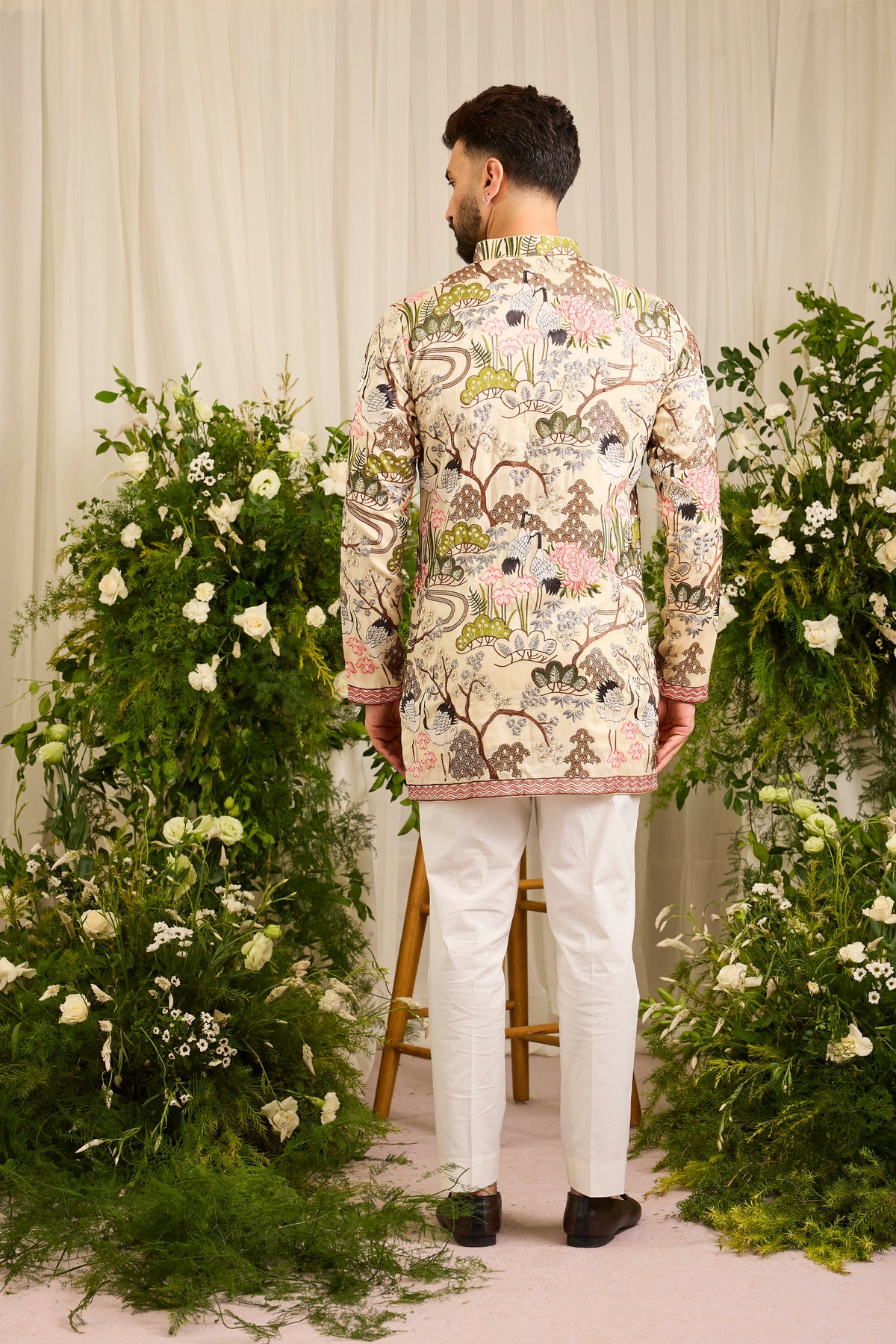 The Tropique -A Cream Kurta with Flamingos and Floral Detail