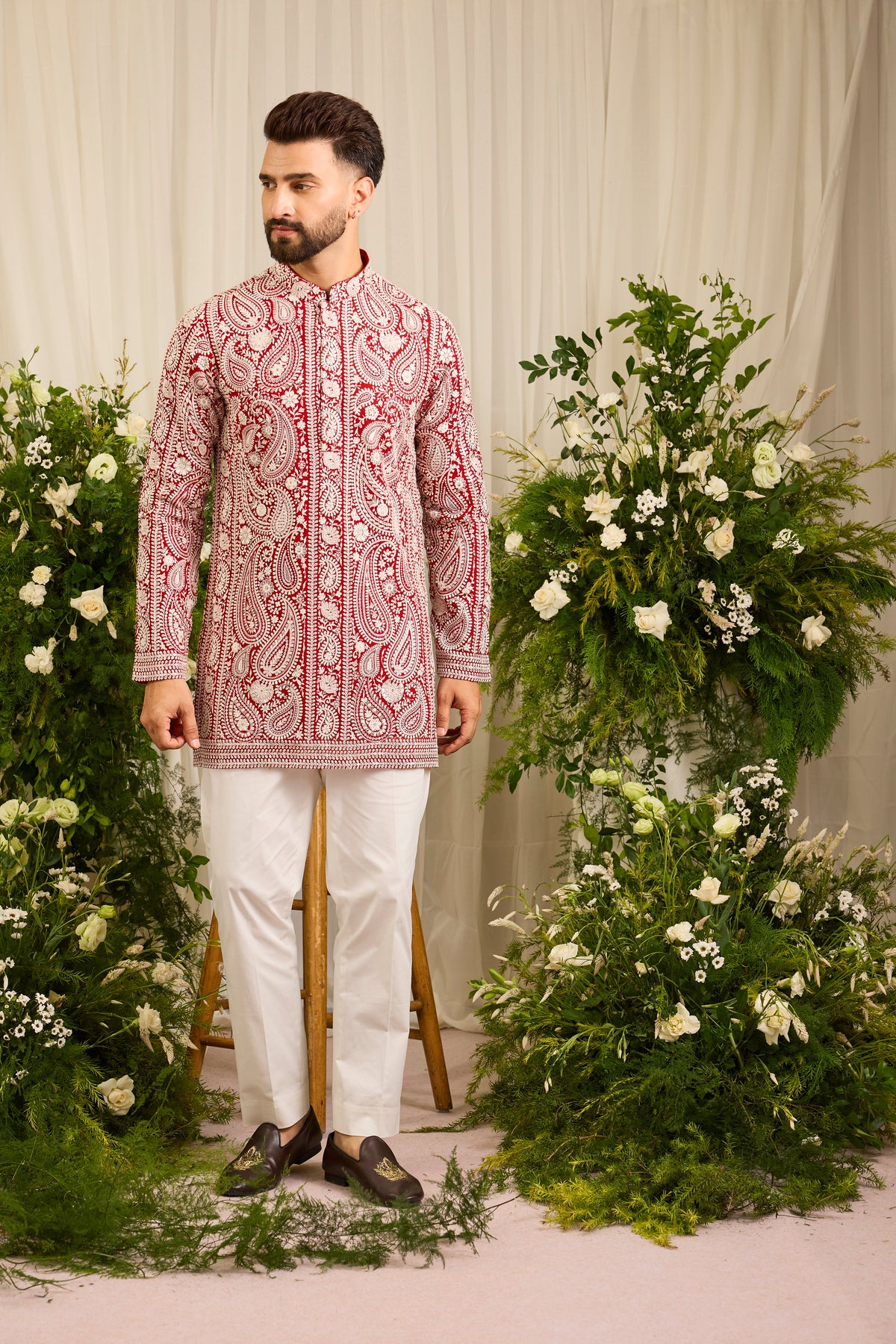 The Linden — Red short Chikankari Kurta Richly Embroidered in Ivory