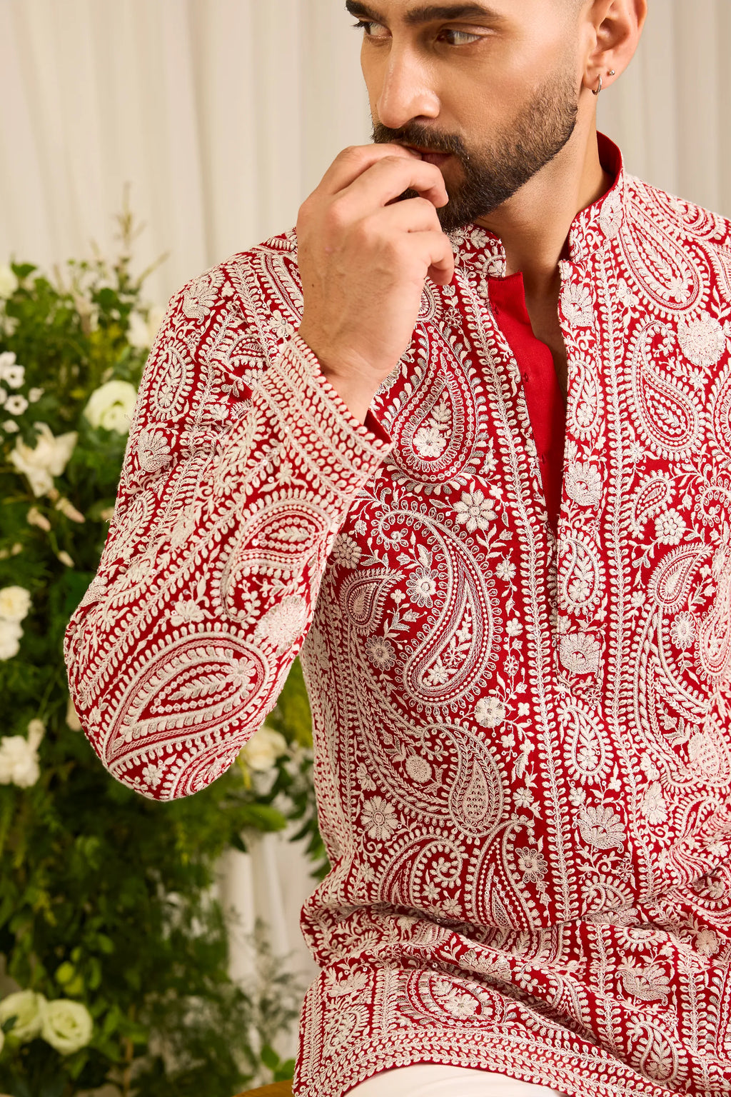 The Linden — Red short Chikankari Kurta Richly Embroidered in Ivory