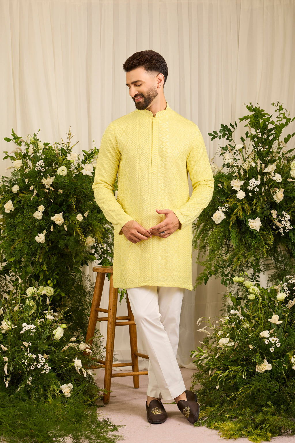 The moncler - A Classic yellow asbtract  Kurta Richly Worked in Thread