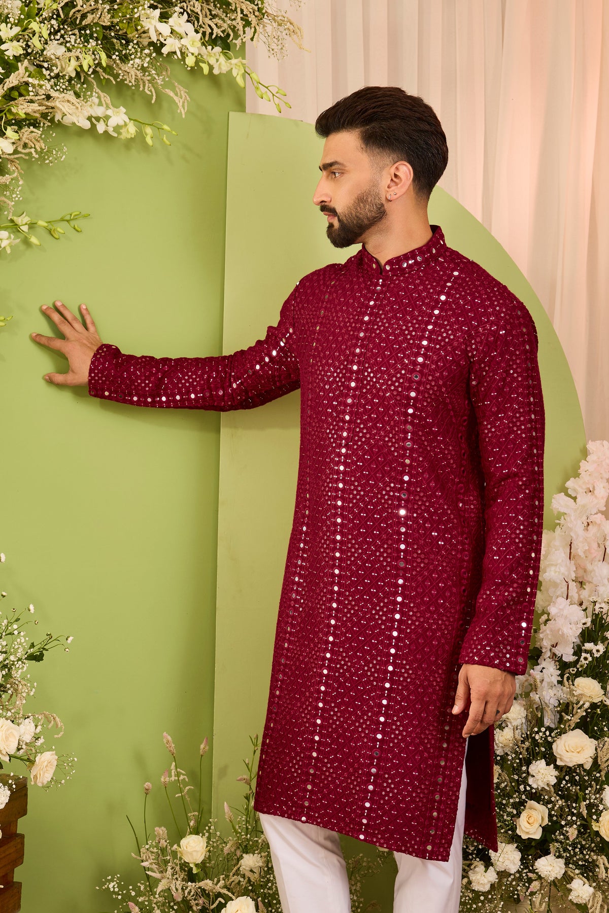 Signature maroon mirror work Kurta with Intricate red Threadwork