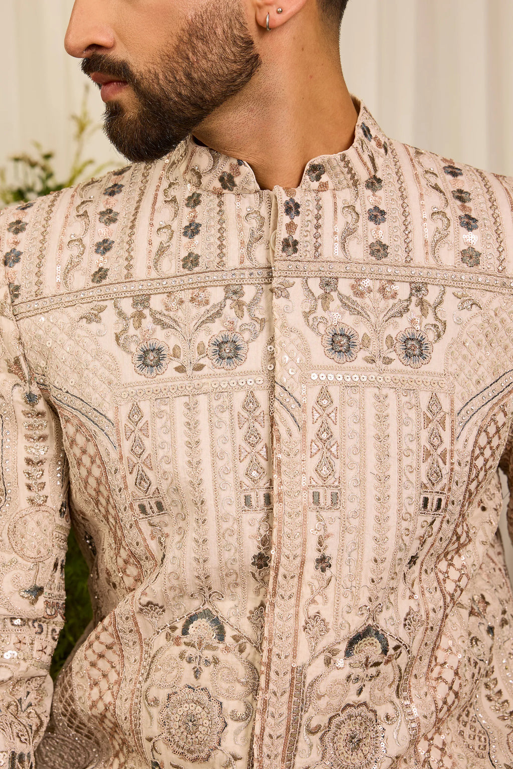 The Aurelius — A Cream Sherwani Layered with Zari, Sequins and Doori