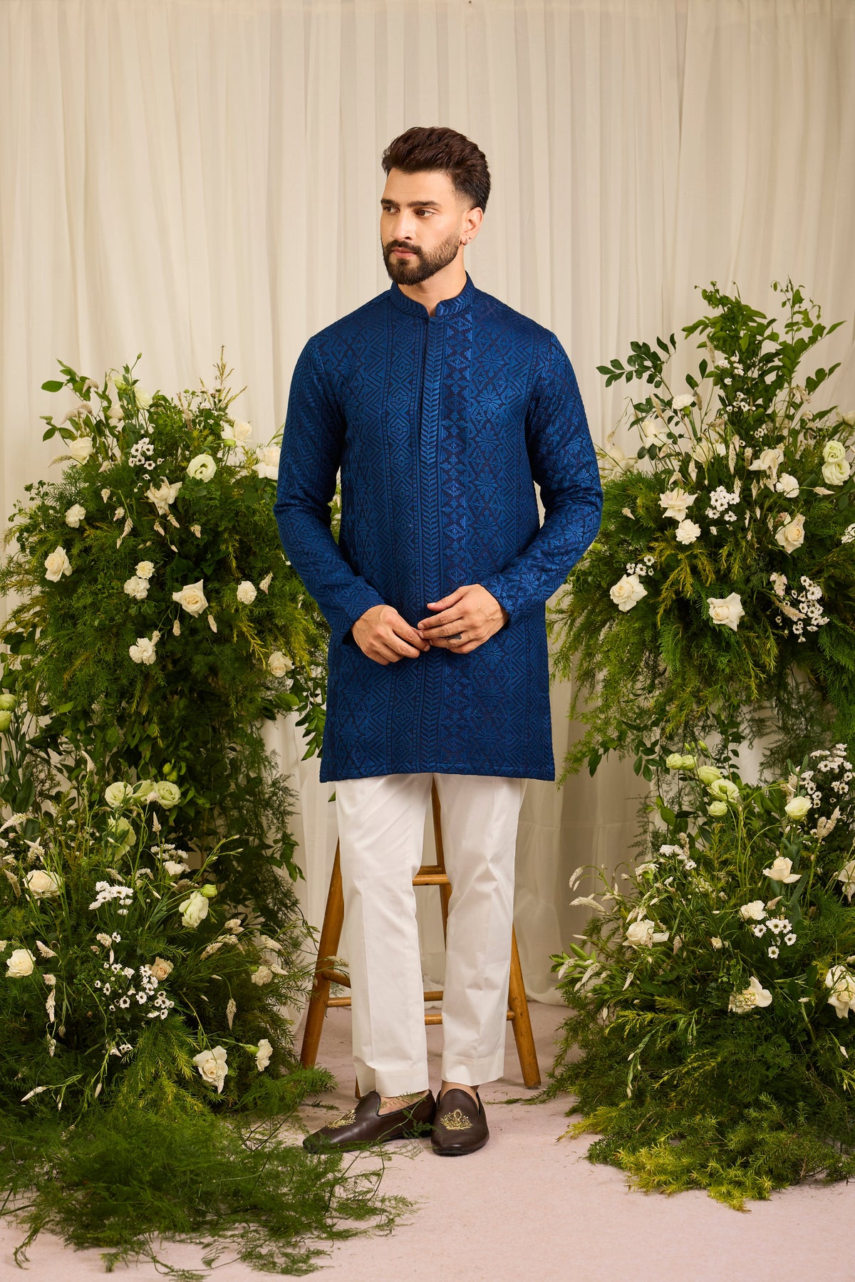 The moncler - A Classic Blue asbtract short Kurta Richly Worked in Thread