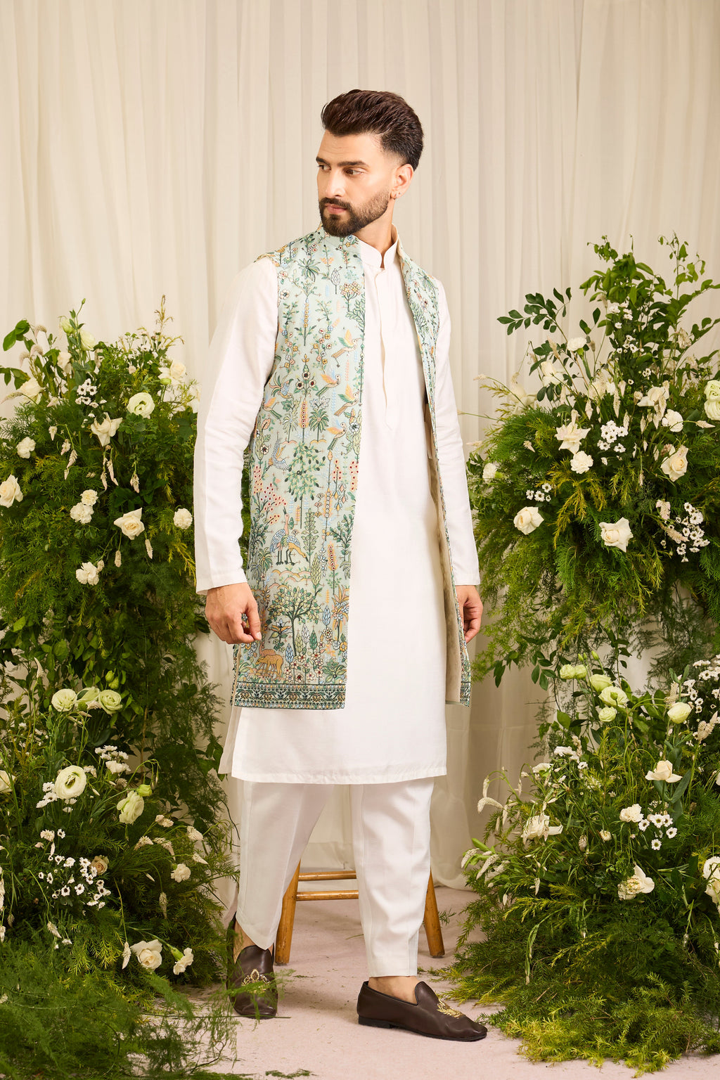 A Blue-green long open jacket Alive with Tropical Embroidery