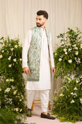 A Blue-green long open jacket Alive with Tropical Embroidery
