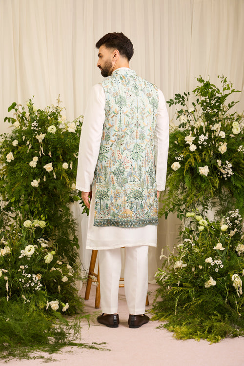 A Blue-green long open jacket Alive with Tropical Embroidery