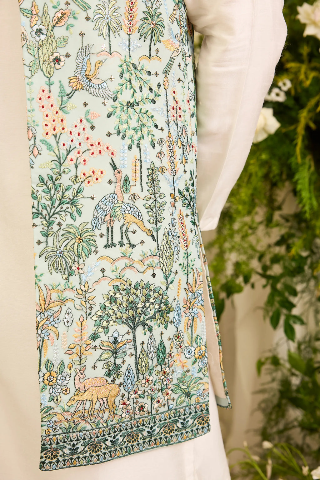 A Blue-green long open jacket Alive with Tropical Embroidery