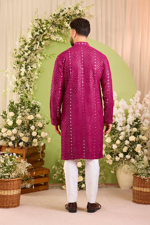 Signature hot pink mirror work Kurta with Intricate  Threadwork
