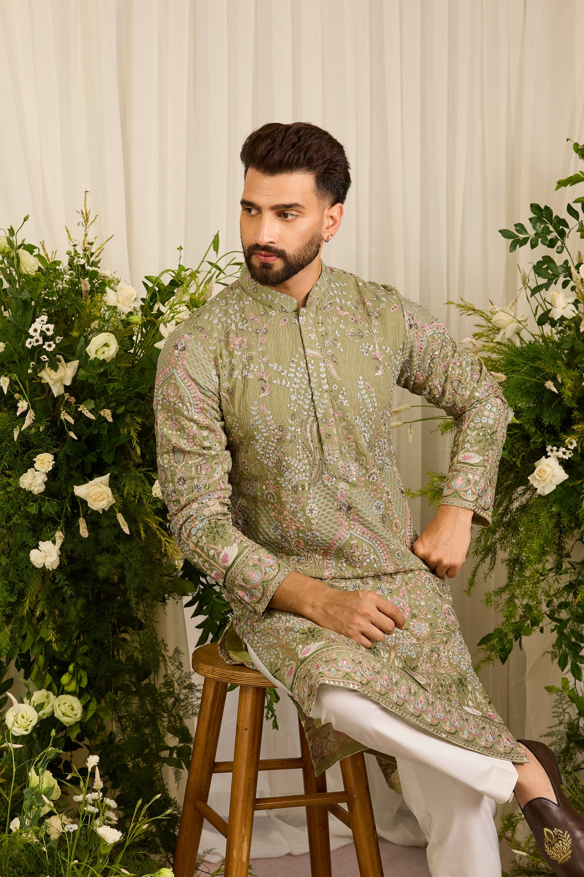The Canopy - pastel green kurta  with Layered Embroidery
