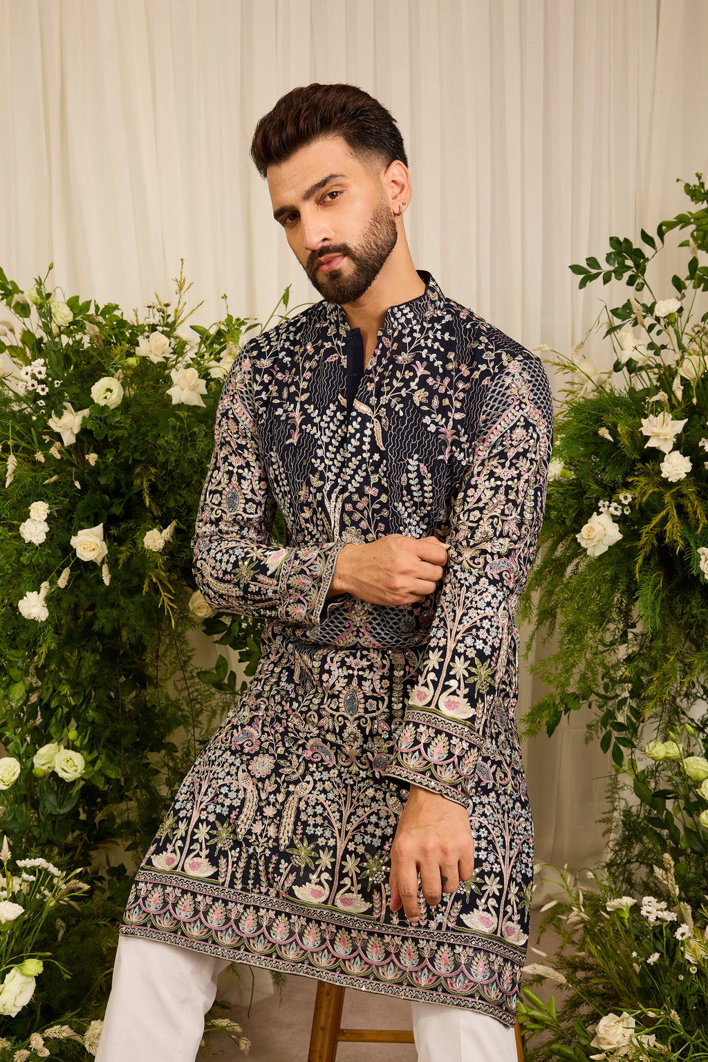 The Canopy - navy blue kurta with Layered Embroidery