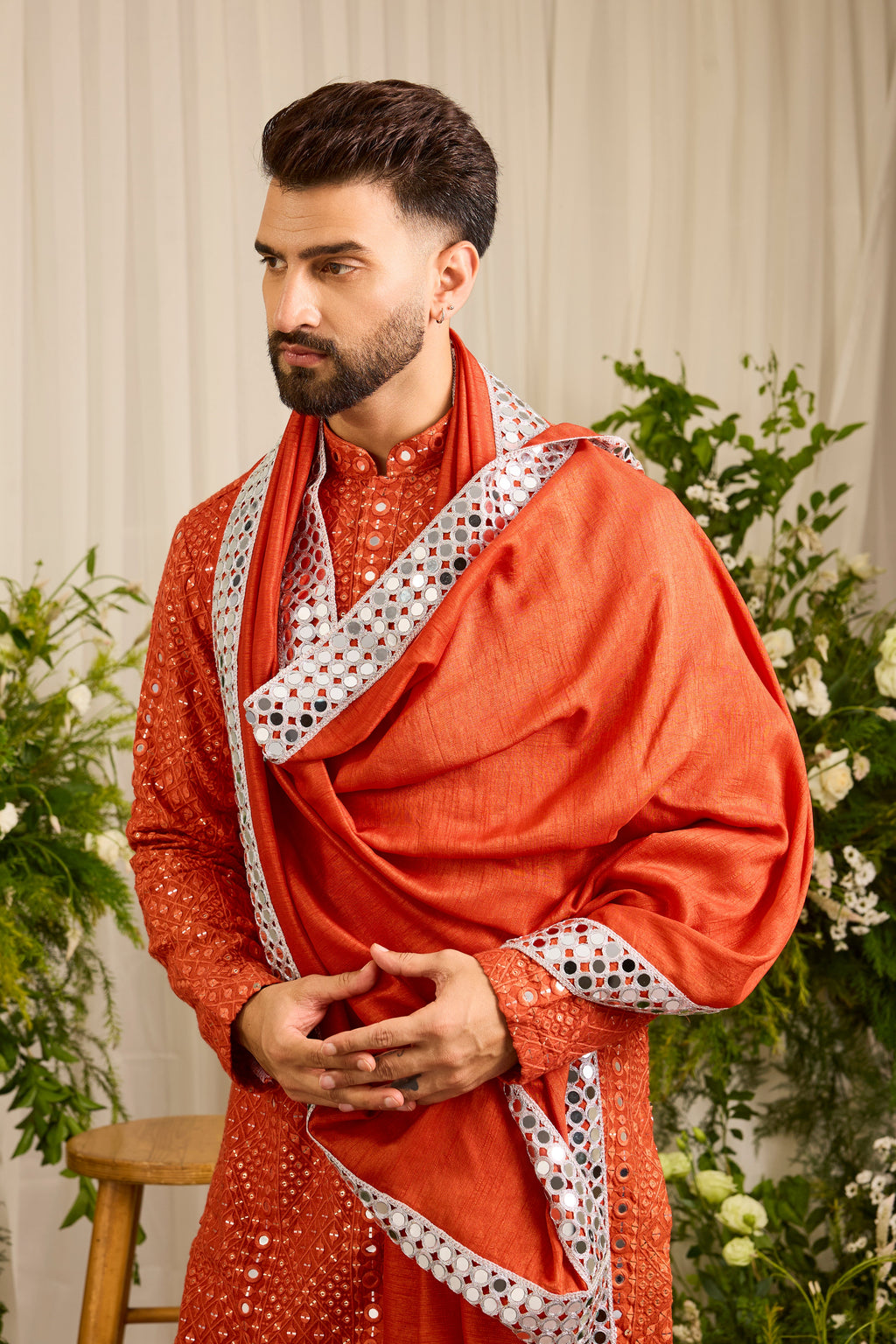 Signature rust orange mirror work Kurta with Intricate mirror work stole
