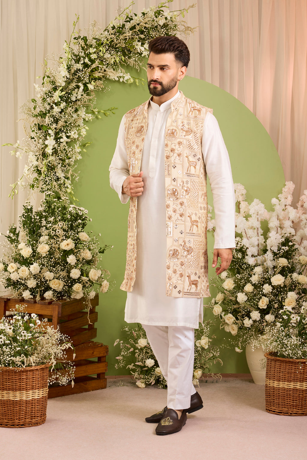 The Imperium - A Golden long open Jacket Adorned with Majestic Wildlife