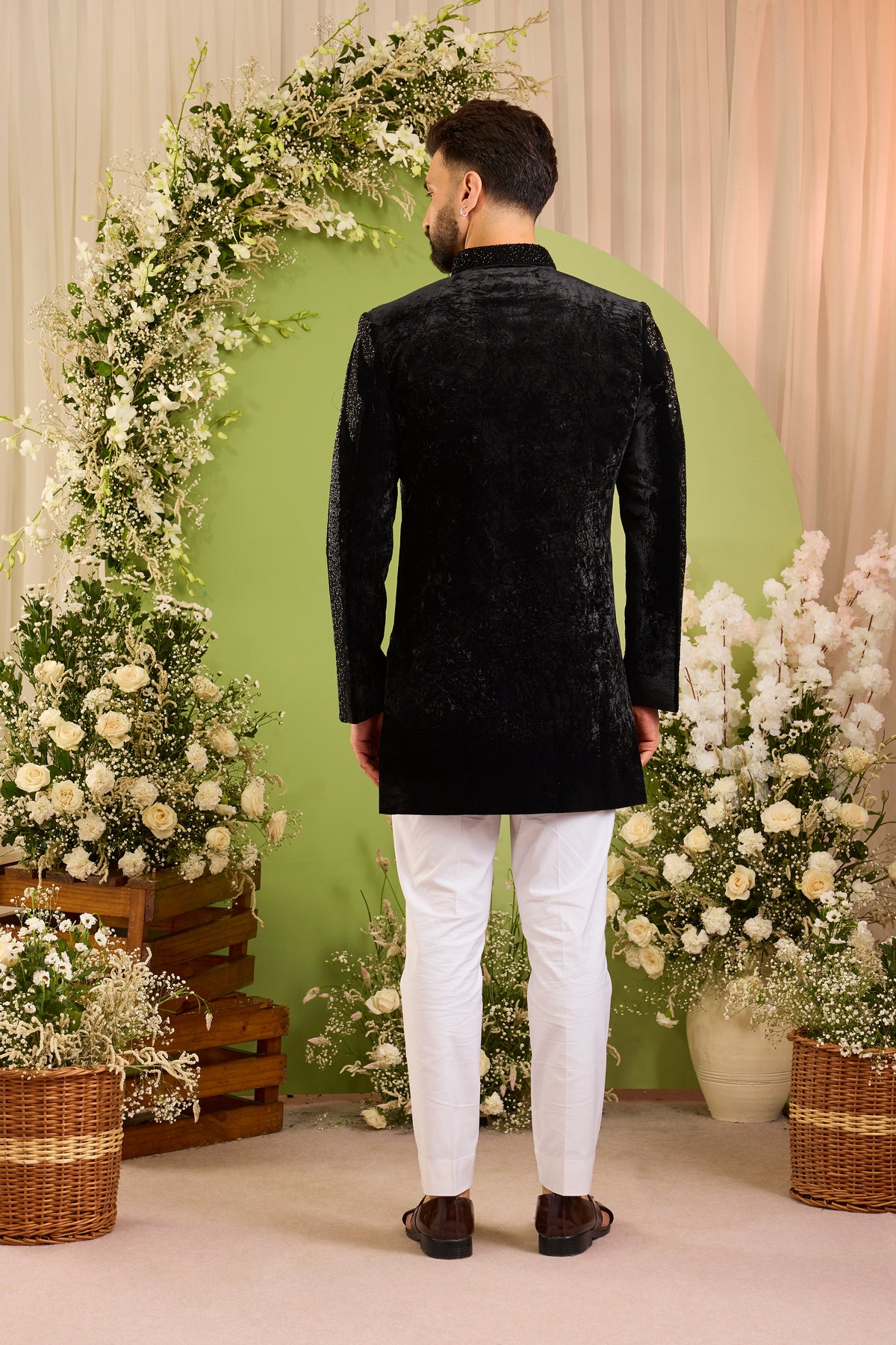 The Élan Noir -Black hand work Indo-Western Defined by Cut-Dana and Sequins on crushed velvet
