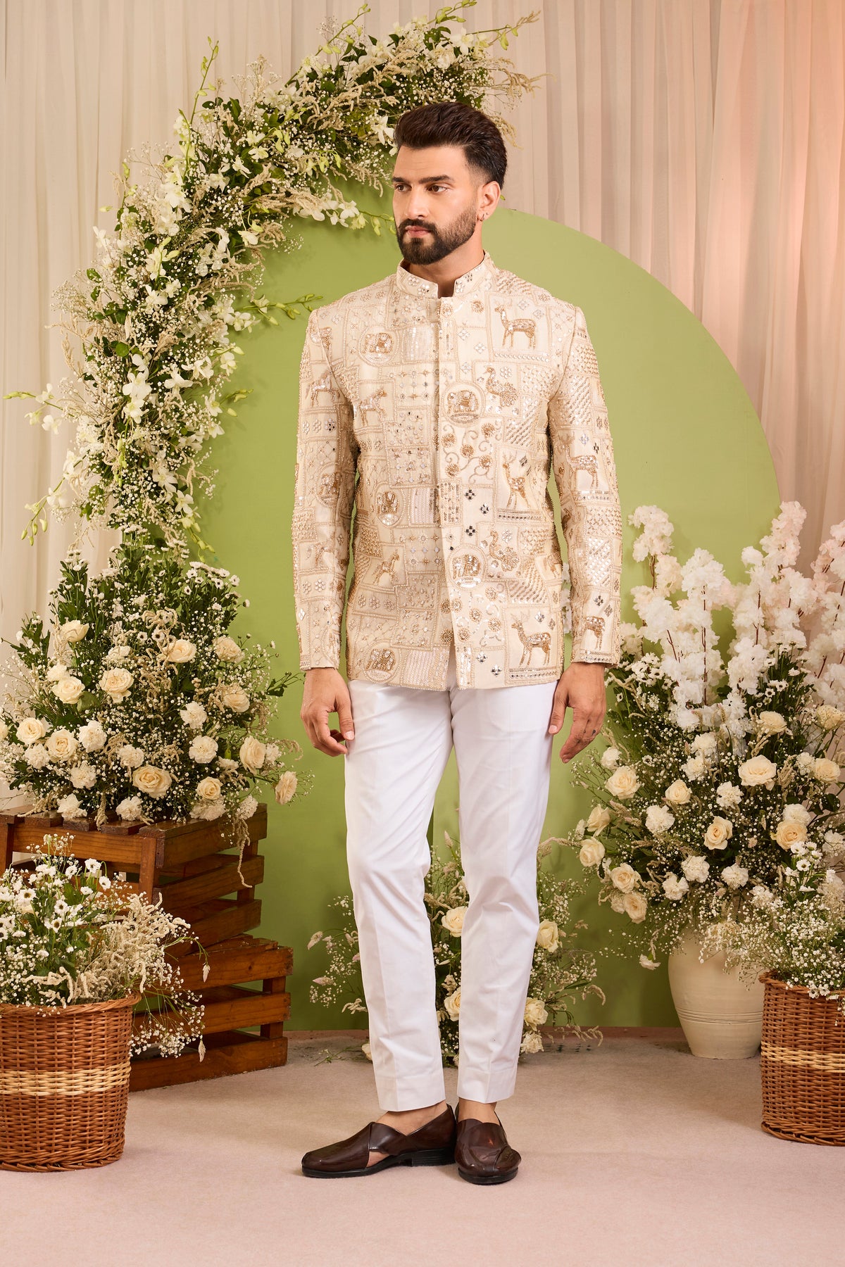 The Imperium - A Golden bandhgala  Jacket Adorned with Majestic Wildlife