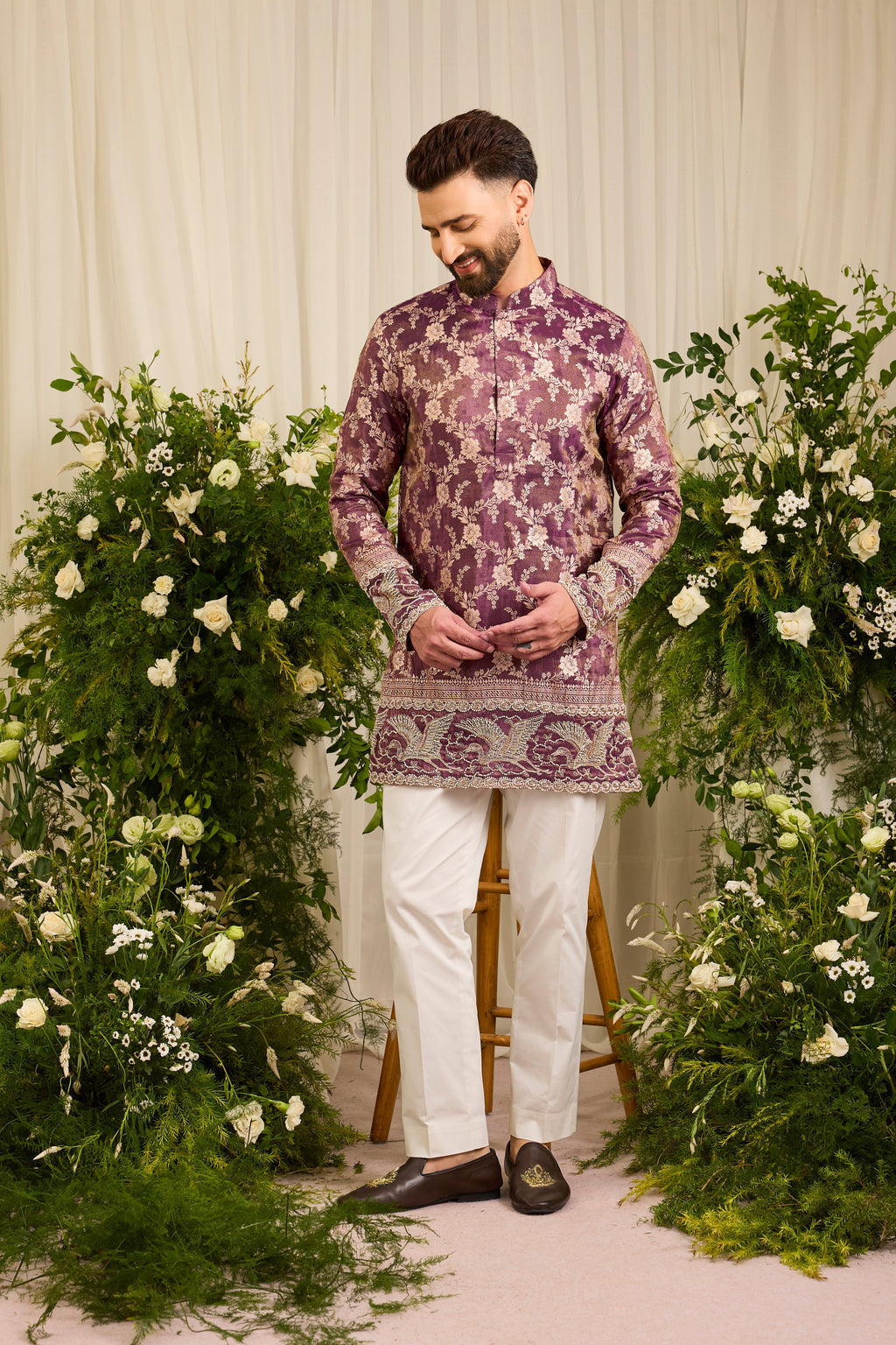 The Fiore — wine Brocade-Tissue  short Kurta with Regal Flamingos