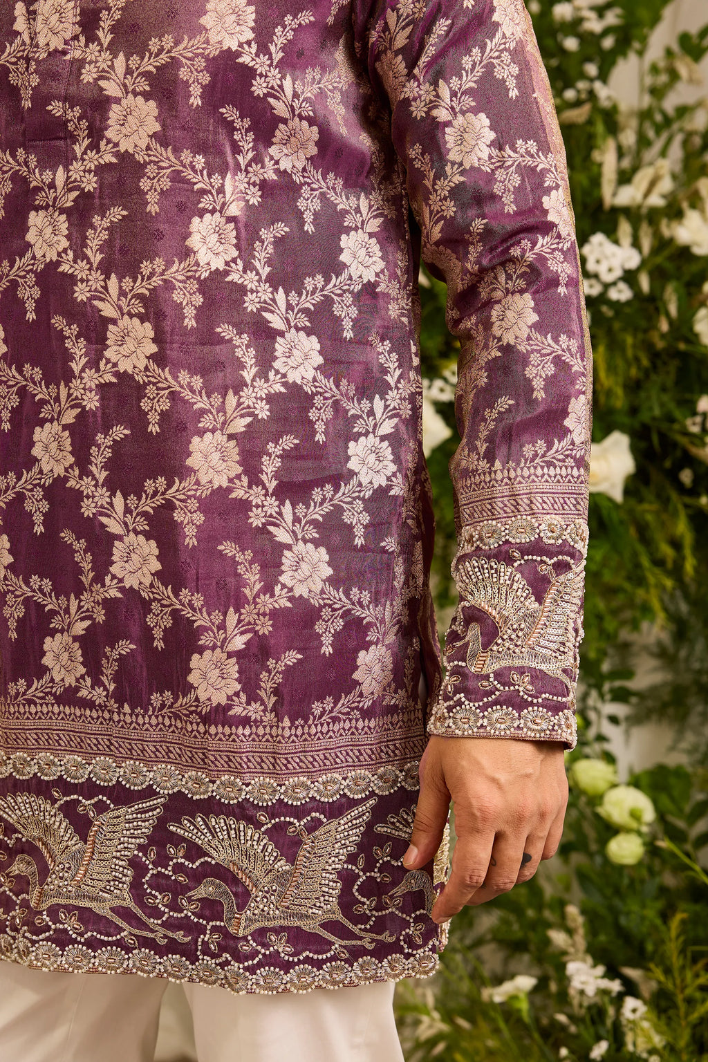 The Fiore — wine Brocade-Tissue  short Kurta with Regal Flamingos