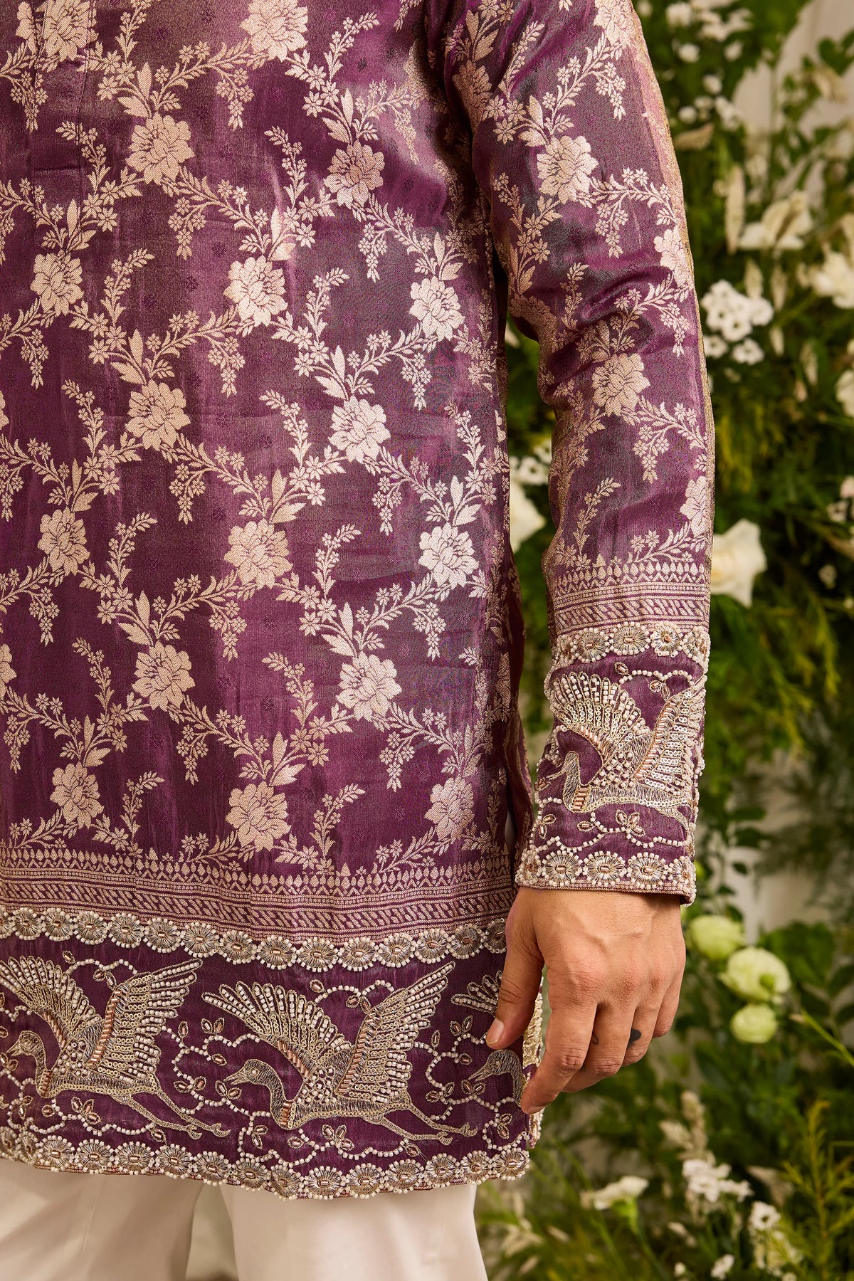 The Fiore — wine Brocade-Tissue  short Kurta with Regal Flamingos