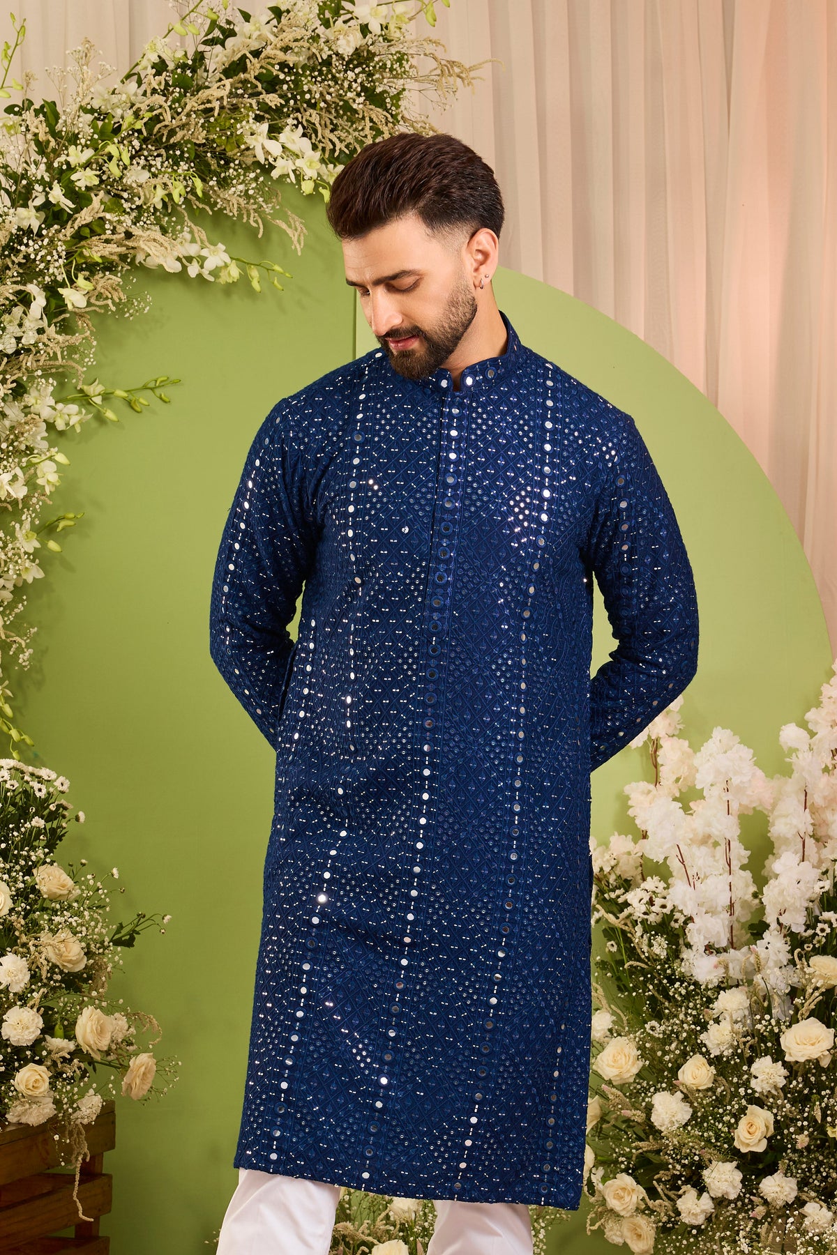 Signature royal blue mirror work Kurta with Intricate  Threadwork
