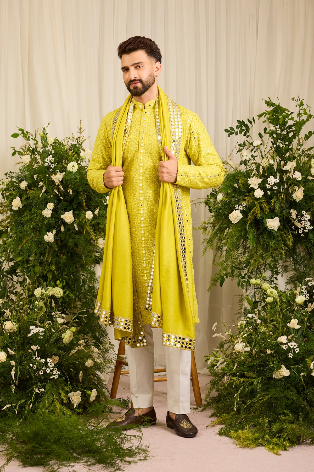 Signature neon yellow mirror work Kurta with Intricate mirror work stole