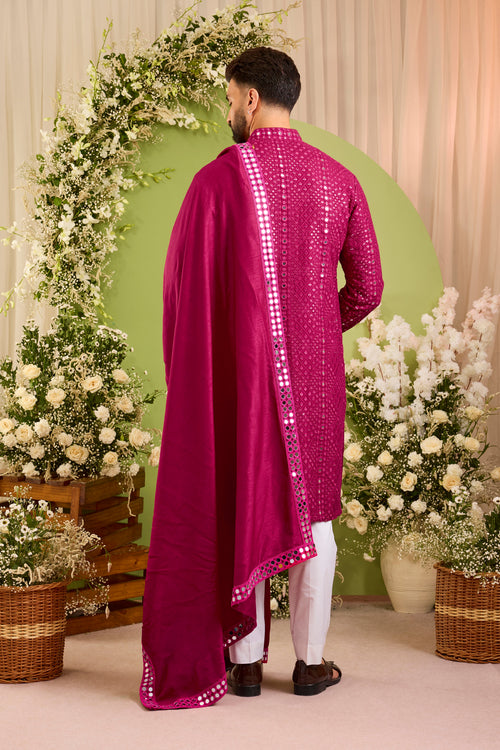 Signature hot pink mirror work Kurta with Intricate mirror work stole