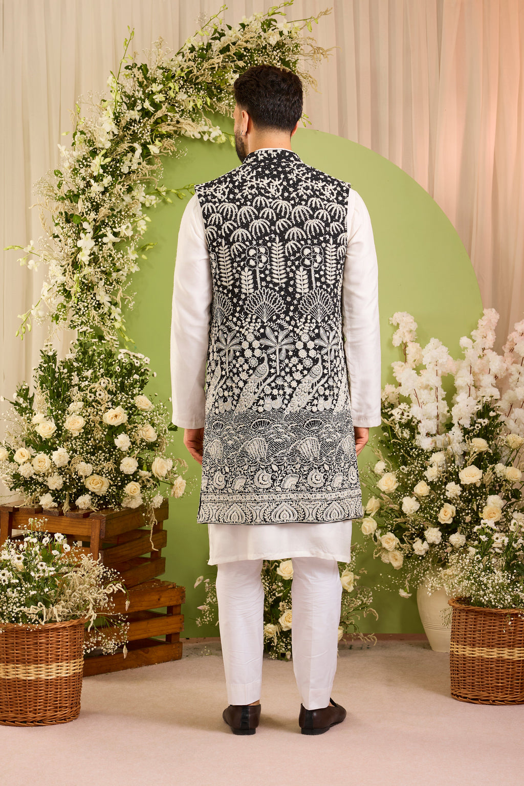 The Palais — Black long open jacket Richly Worked in Florals