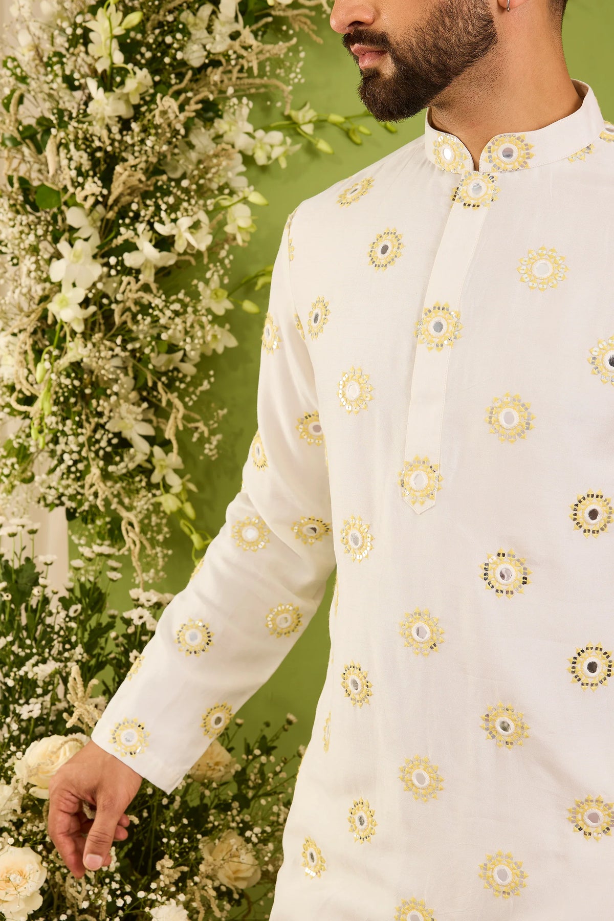 The Ciel -A Minimal mirror work  Kurta with Yellow Threadwork and Shimmer