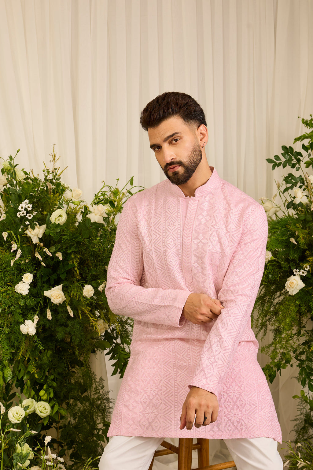 The moncler -  pink asbtract Kurta Richly Worked in Thread