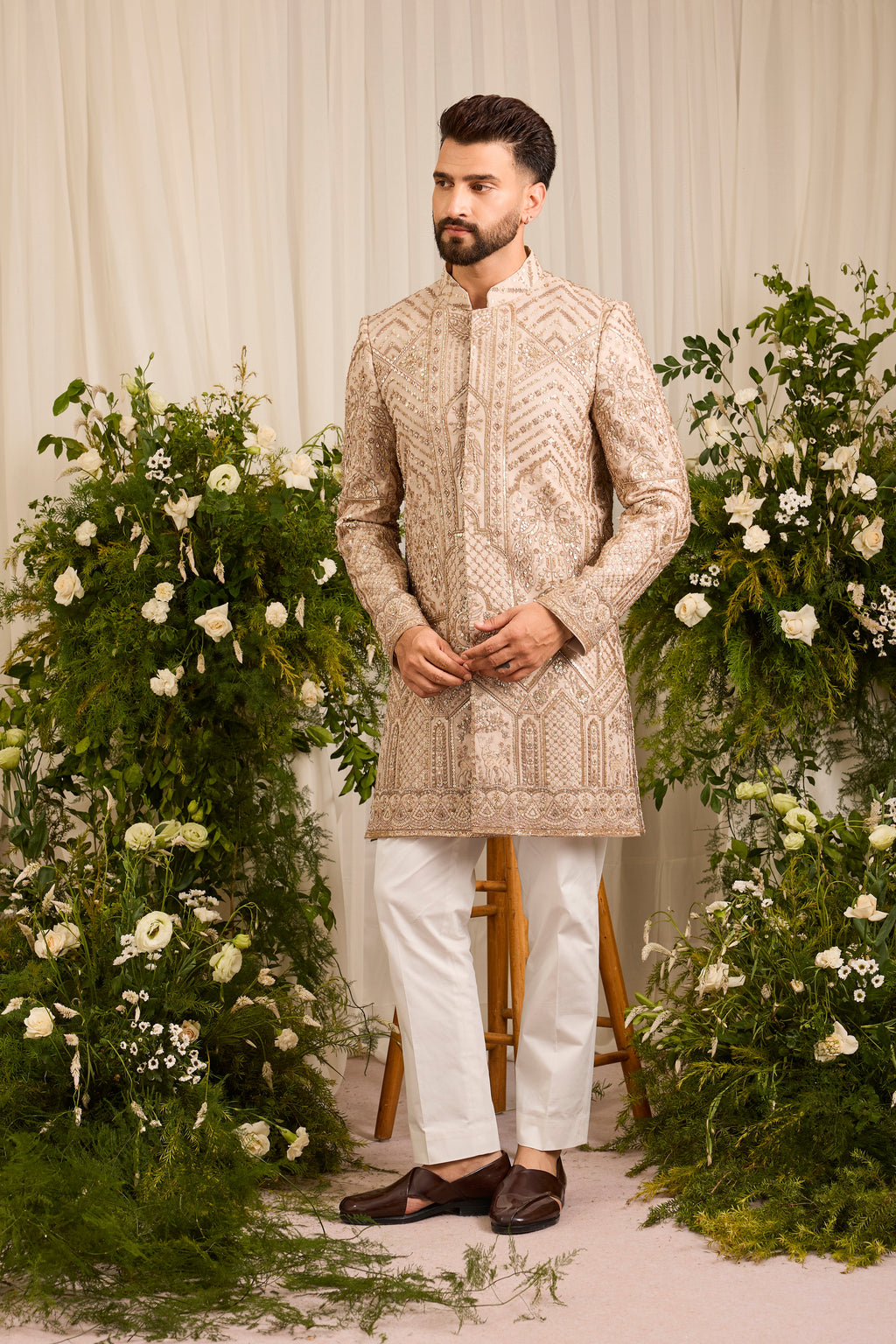 The Eminence - A Beige Sherwani Richly Worked in Cut-Dana