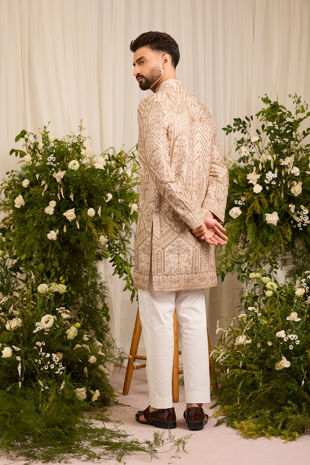 The Eminence - A Beige Sherwani Richly Worked in Cut-Dana