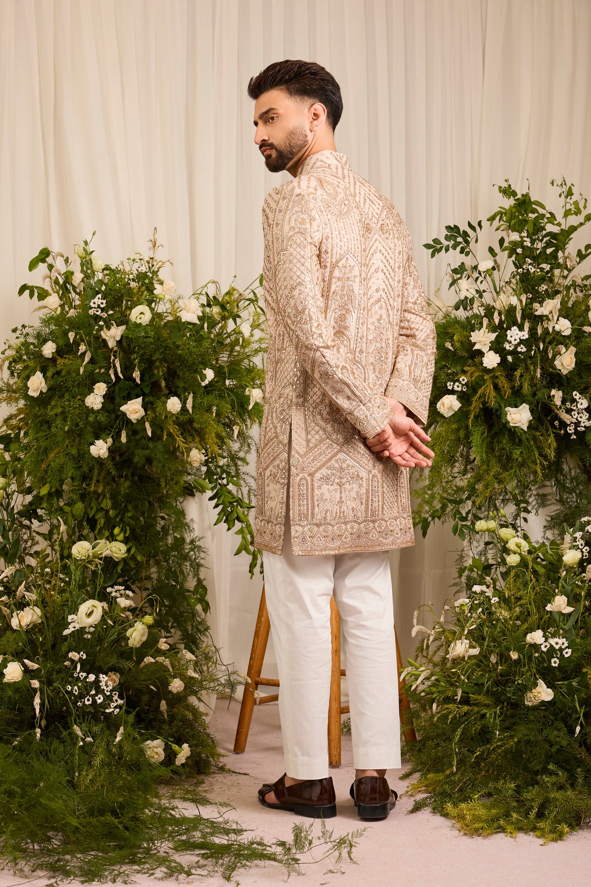 The Eminence - A Beige Sherwani Richly Worked in Cut-Dana