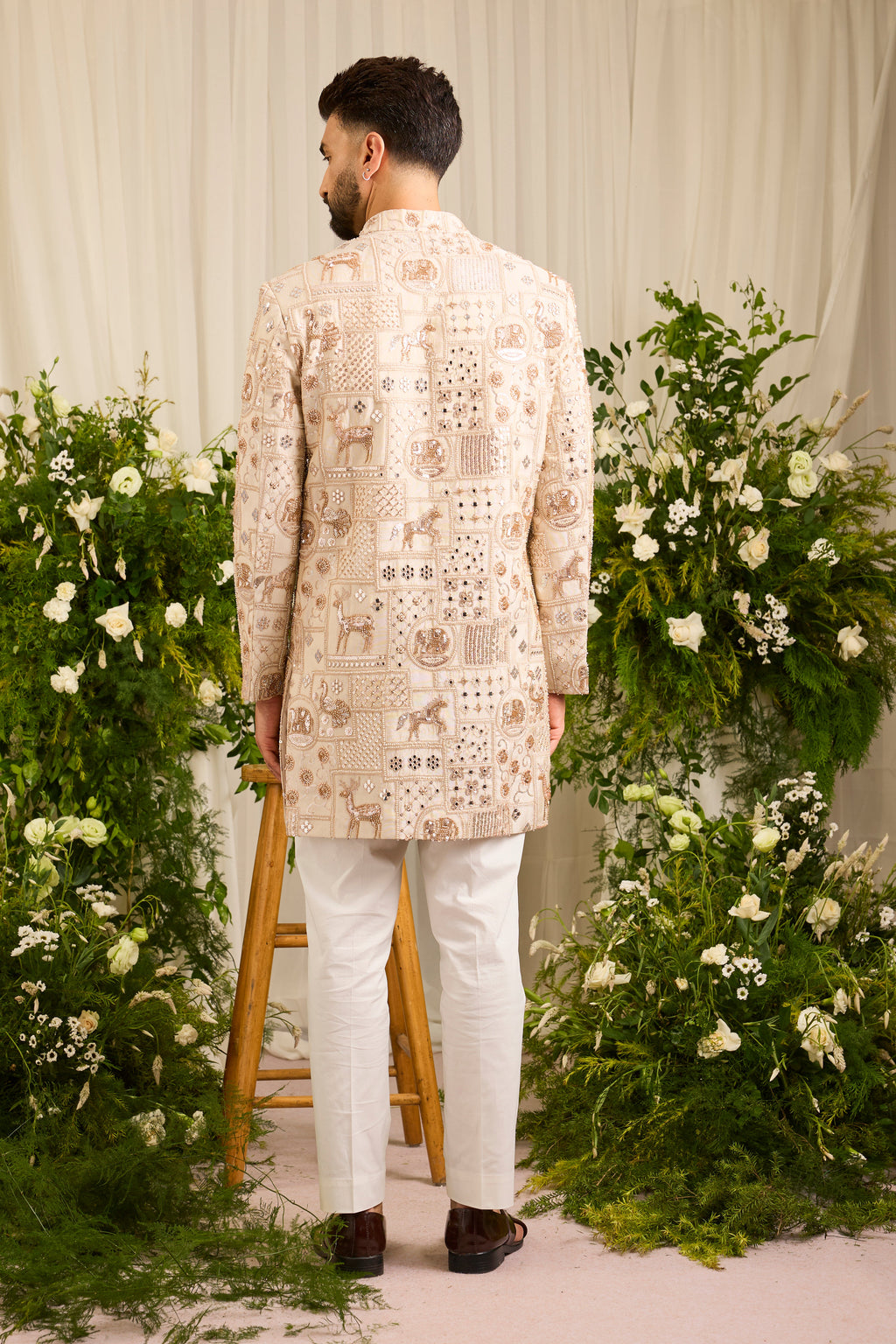 The Imperium - A Golden short sherwani  Jacket Adorned with Majestic Wildlife