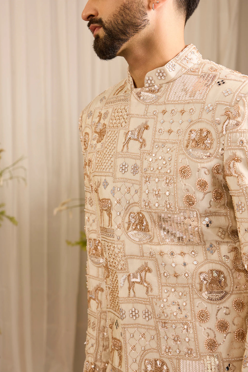 The Imperium - A Golden short sherwani  Jacket Adorned with Majestic Wildlife
