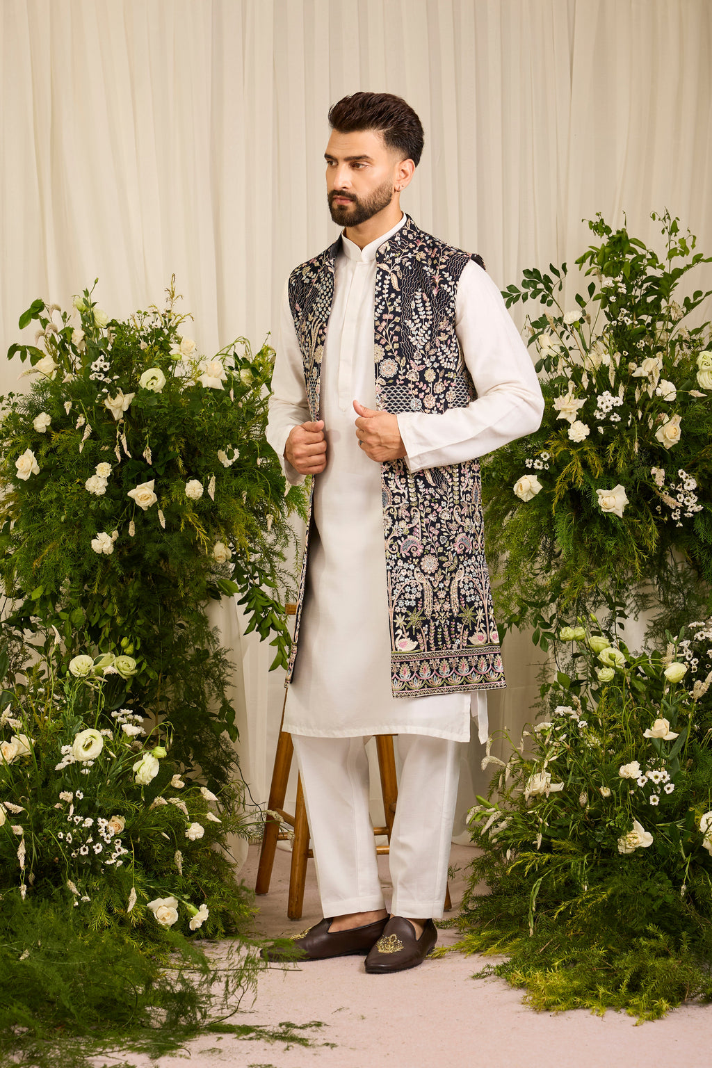 The Canopy - navy blue long open jacket with Layered Embroidery