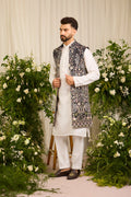 The Canopy - navy blue long open jacket with Layered Embroidery