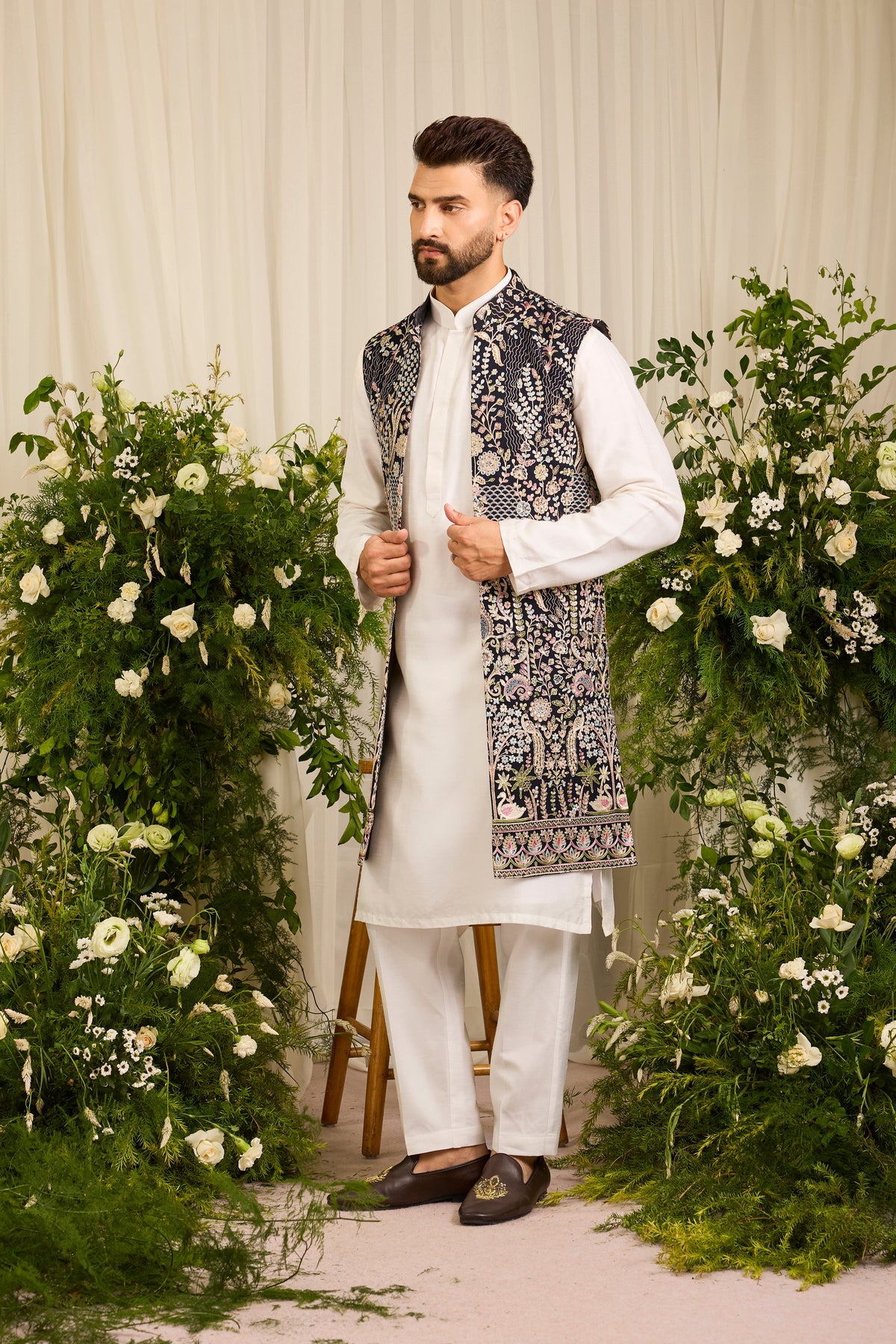 The Canopy - navy blue long open jacket with Layered Embroidery