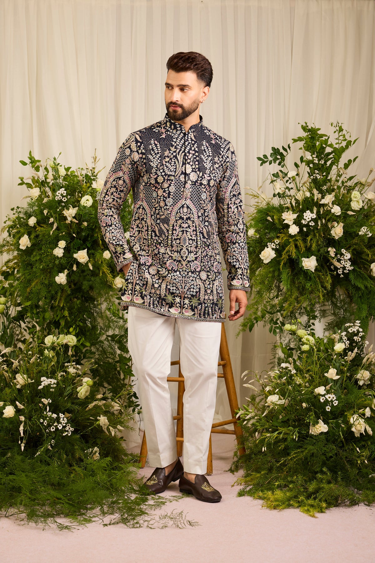 The Canopy - navy blue short kurta with Layered Embroidery