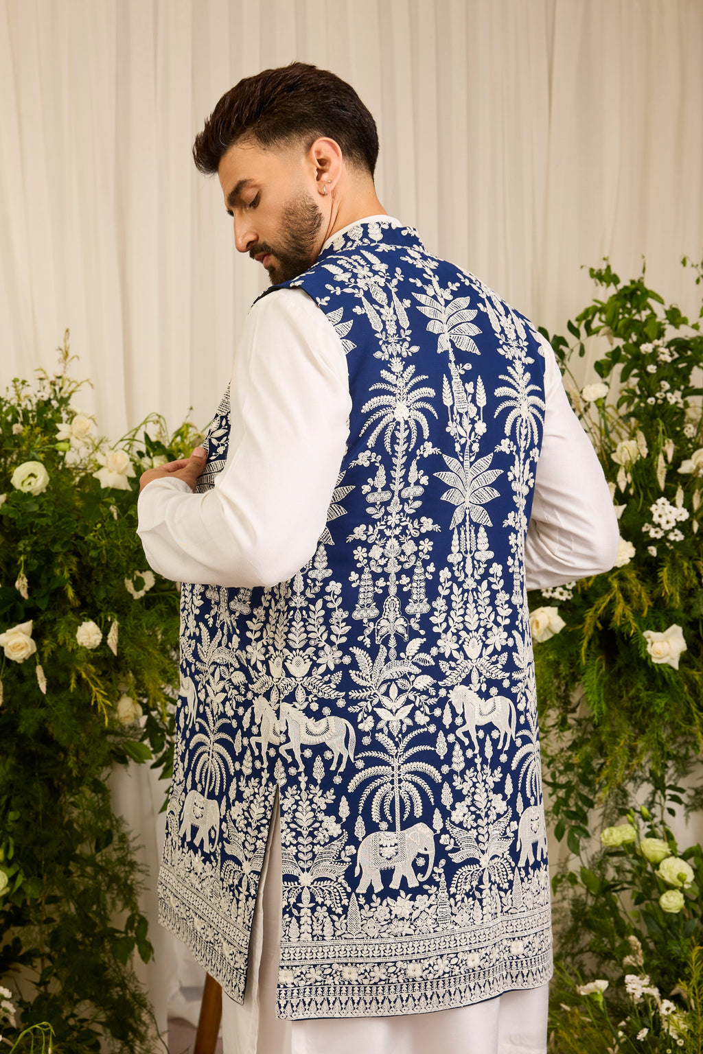 The Kingsley — A Royal Blue Open Jacket with Elephant Motifs