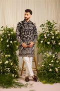 A Midnight Sequin short sherwani Embellished in Golden Threadwork and majestic flamingos