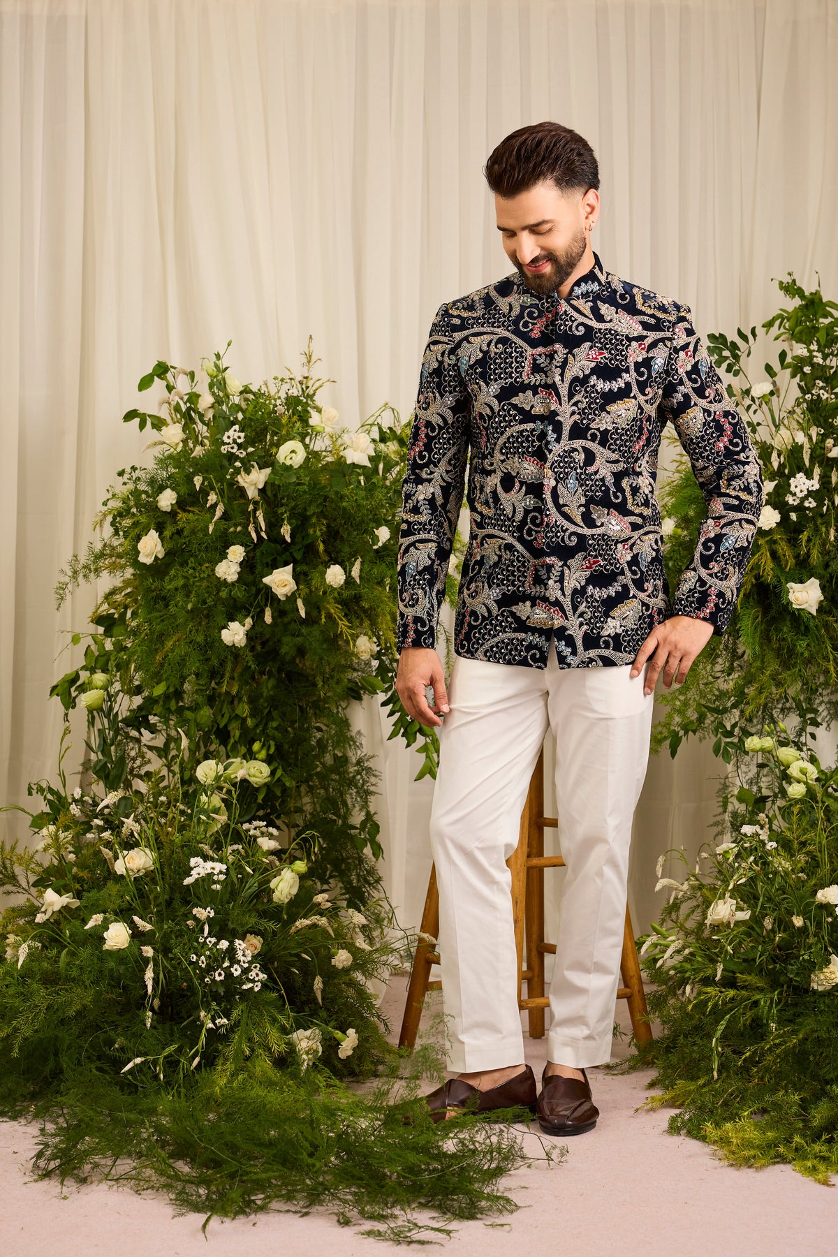 The Ducal Crown- A Navy Bandhgala with Abstract Floral Handwork