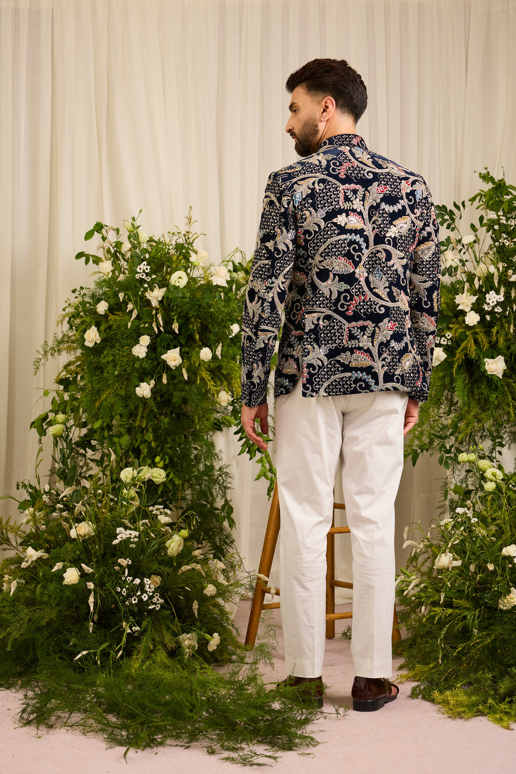 The Ducal Crown- A Navy Bandhgala with Abstract Floral Handwork