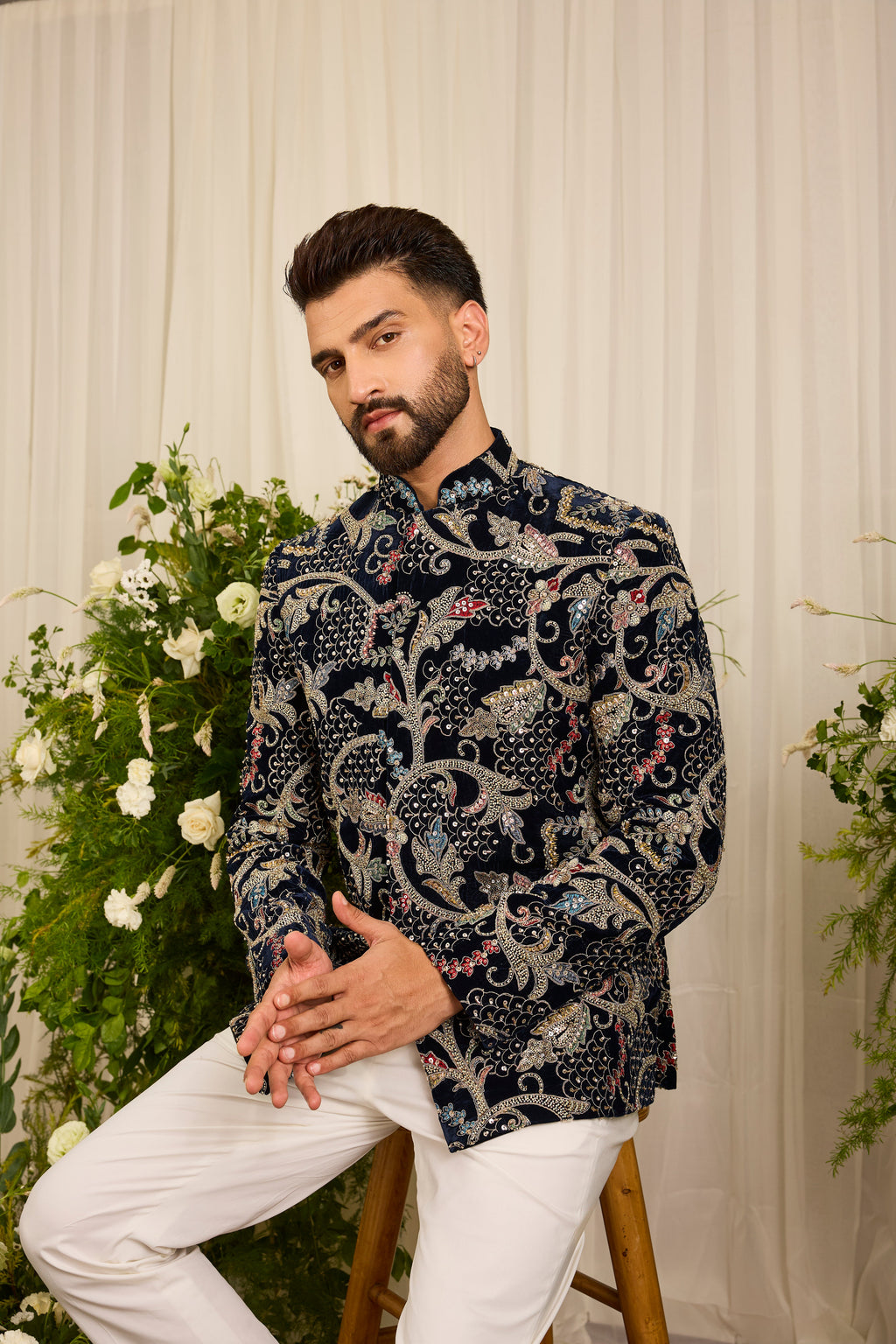 The Ducal Crown- A Navy Bandhgala with Abstract Floral Handwork