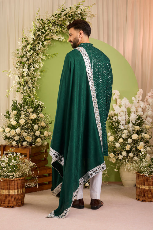 Signature bottle green mirror work Kurta with Intricate mirror work stole