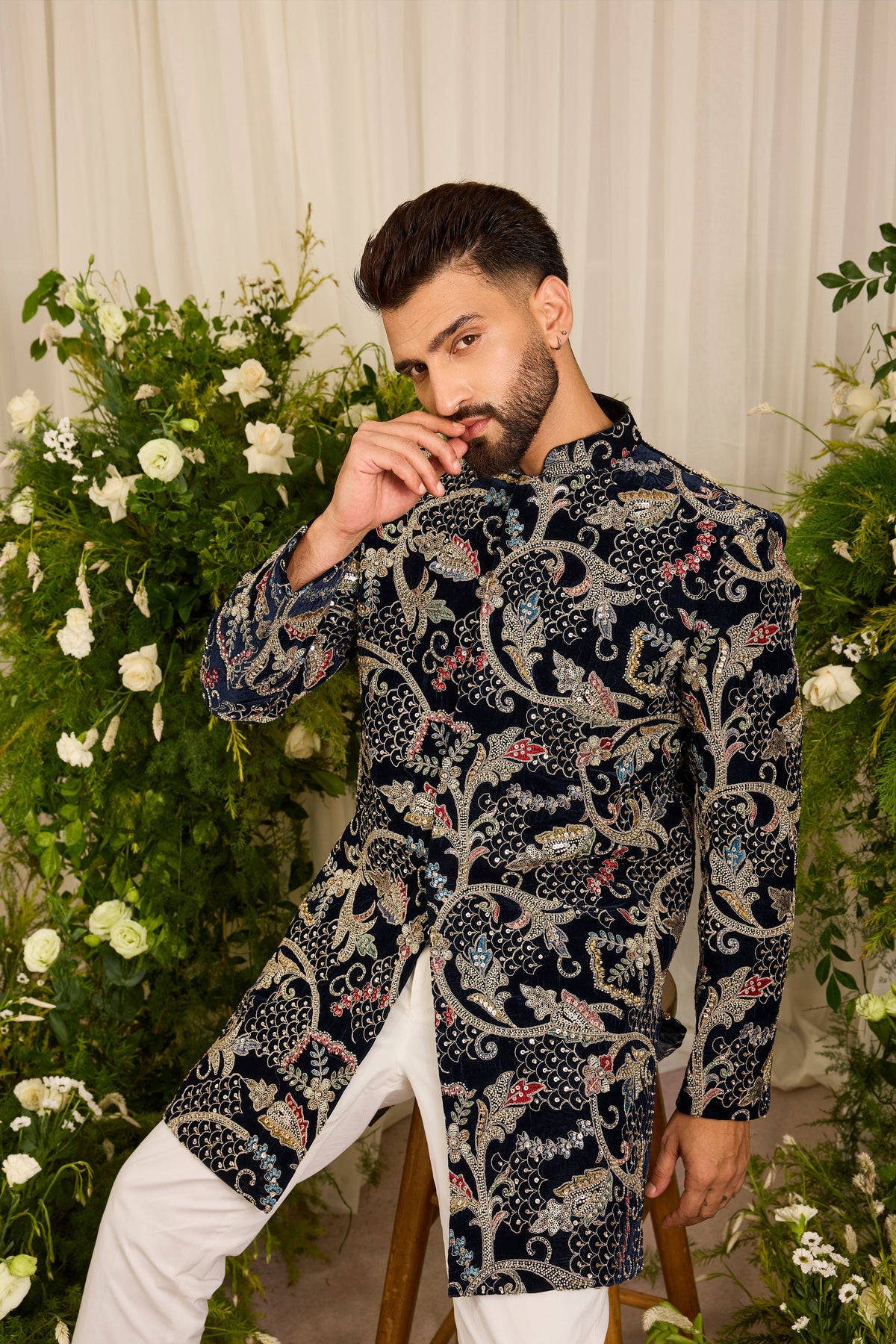 The Ducal Crown- A Navy short sherwani with Abstract Floral Handwork