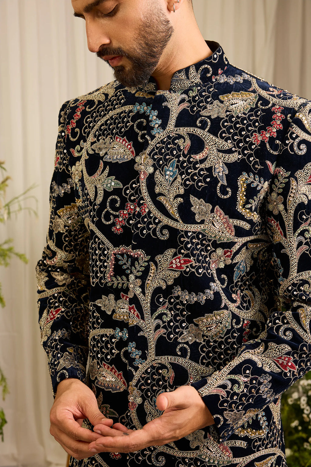 The Ducal Crown- A Navy short sherwani with Abstract Floral Handwork