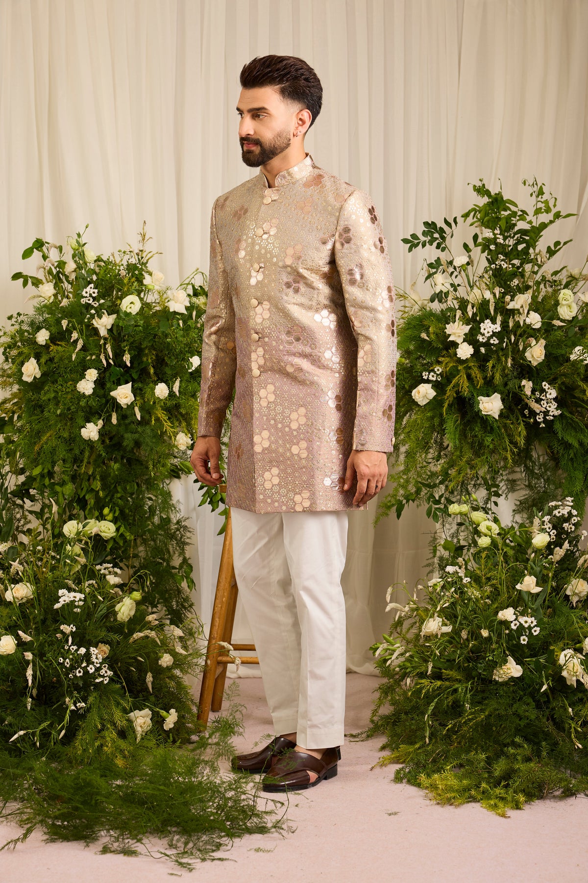 The Maison Rose — A Pink-Gold Sherwani with Textured Leatherwork